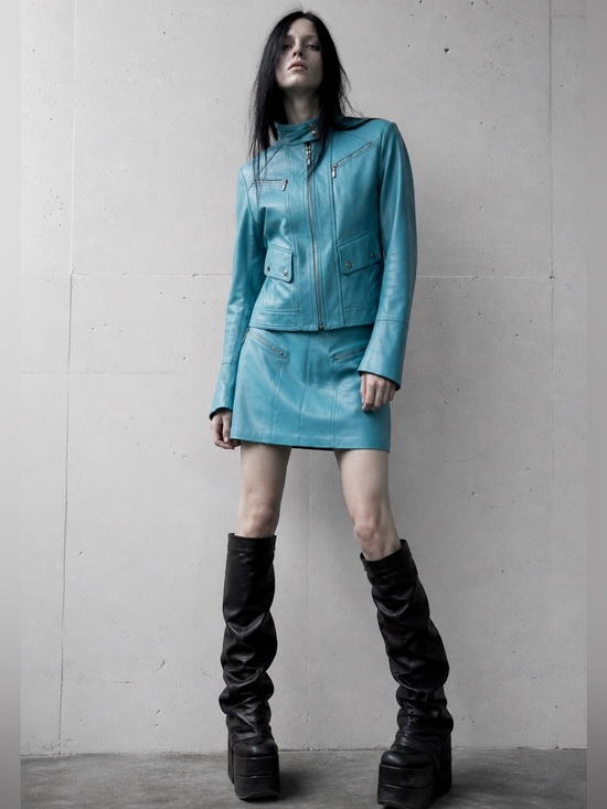 Dresses & Skirts - Y2K Cache Turquoise Leather Moto Jacket & Mini Skirt Set | Genuine Leather |